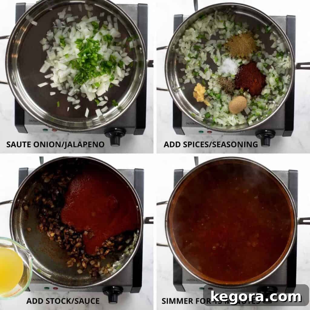 A series of step-by-step photos illustrating the process of making homemade enchilada sauce, from sautéing vegetables to simmering the sauce.