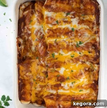 Overhead shot of gluten-free chicken enchiladas in a white baking dish topped with fresh cilantro, showcasing the delicious finished dish.