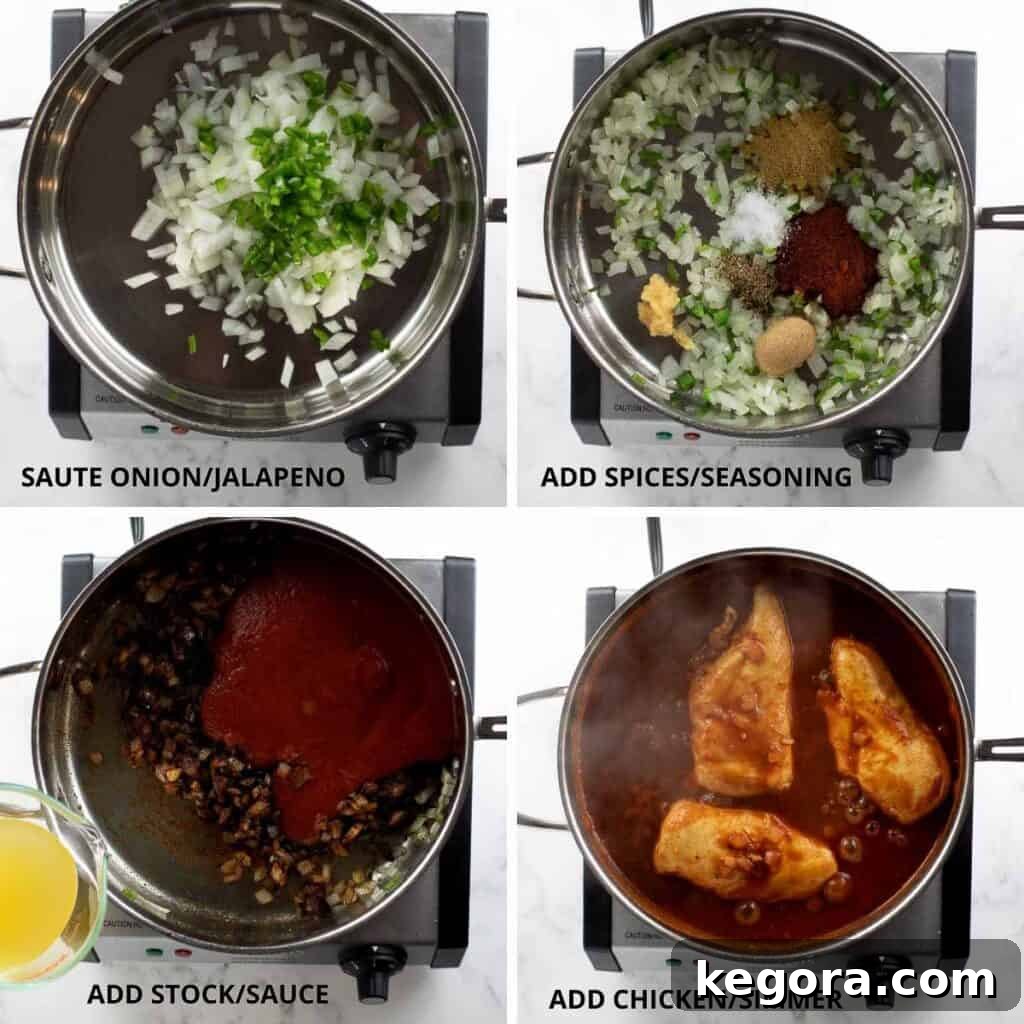 Savory Gluten Free Enchiladas 5 Step-by-step photos illustrating how to make homemade gluten-free enchilada sauce, showing vegetables sautéing and simmering.