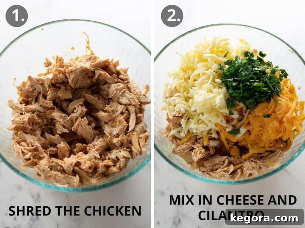 Savory Gluten Free Enchiladas 6 Shredded chicken mixture in a glass bowl, combined with cheese and fresh cilantro, ready for enchilada assembly.
