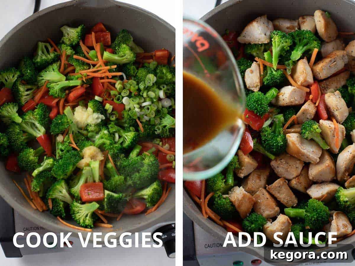 Adding colorful vegetables and thick stir-fry sauce to a pan while cooking a chicken and vegetable stir-fry.