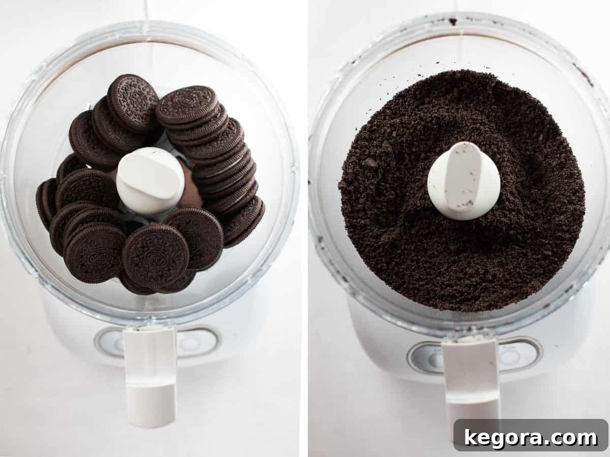 Collage showing whole gluten-free Oreos and ground Oreos in a food processor, ready for crust preparation.