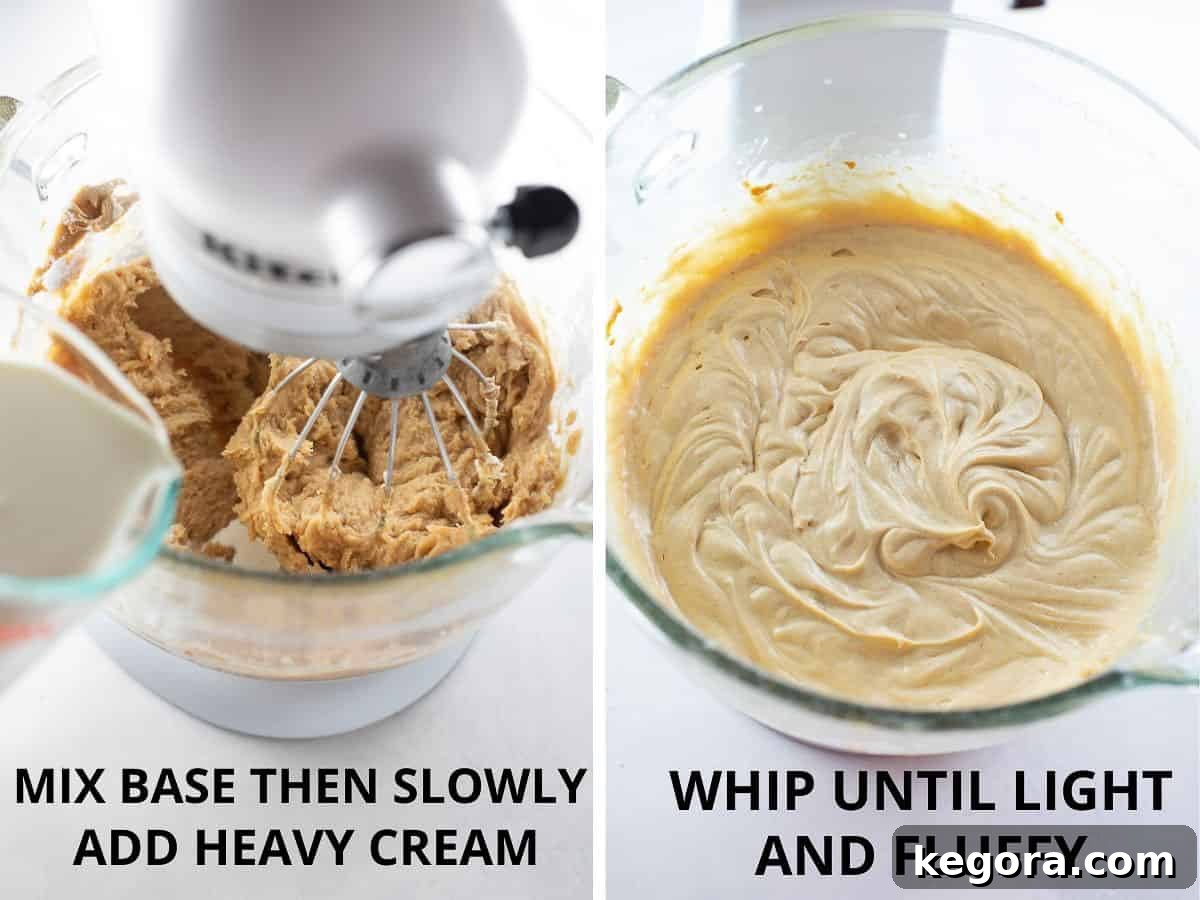 Step-by-step image showing how to mix the base ingredients for the peanut butter pie filling and whip until light and fluffy.