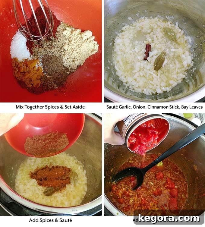 Creamy Instant Pot Butter Chicken 4 Four process pictures including mixing spices, sautéing aromatics in the pot, adding spices while sautéing, and incorporating diced tomatoes into the pot for the sauce base.