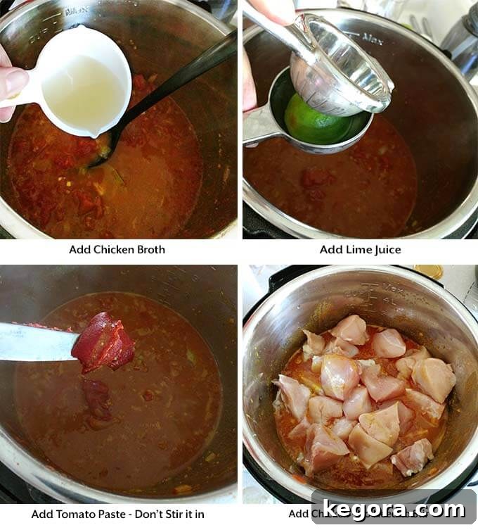 Creamy Instant Pot Butter Chicken 5 Four process pictures showing the sequential addition of chicken broth, fresh lime juice, rich tomato paste, and finally, succulent chicken pieces to the Instant Pot.