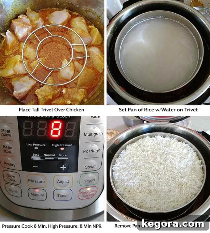 Creamy Instant Pot Butter Chicken 6 Four process pictures illustrating the careful placement of a trivet over the chicken, setting a pan of rice on the trivet, initiating the pressure cooking cycle, and then safely removing the perfectly cooked rice from the Instant Pot.