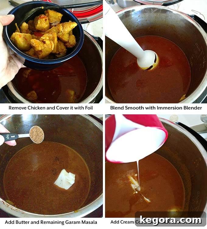 Creamy Instant Pot Butter Chicken 7 Four process pictures demonstrating the removal of the tender chicken, blending the sauce ingredients to a smooth consistency, and the final additions of butter and rich heavy cream to complete the Butter Chicken.