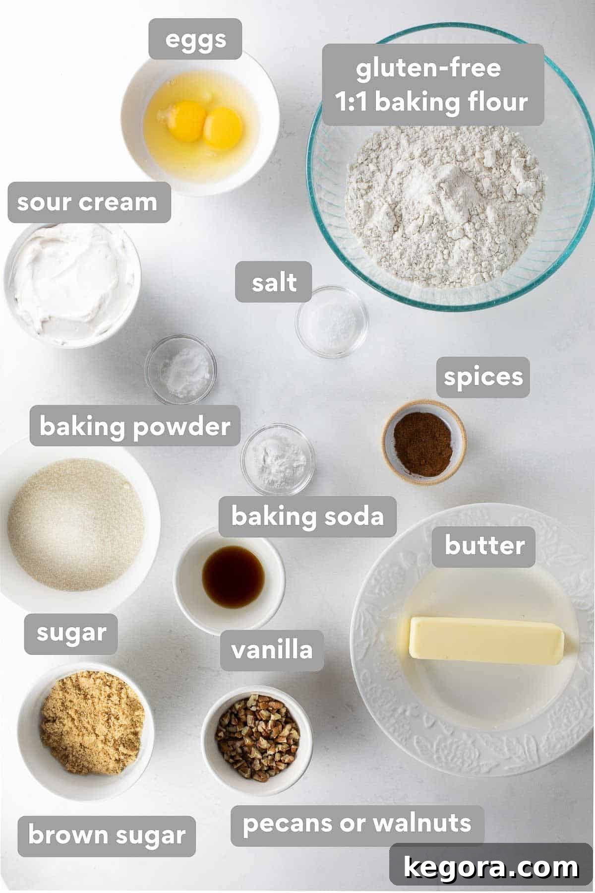 A beautifully arranged collage of labeled ingredients necessary to make gluten-free coffee cake, showcasing the freshness and quality of each component.