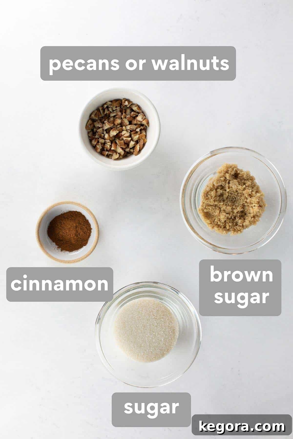 A clearly labeled image displaying all the necessary ingredients to prepare the delectable cinnamon nut streusel topping for the coffee cake.