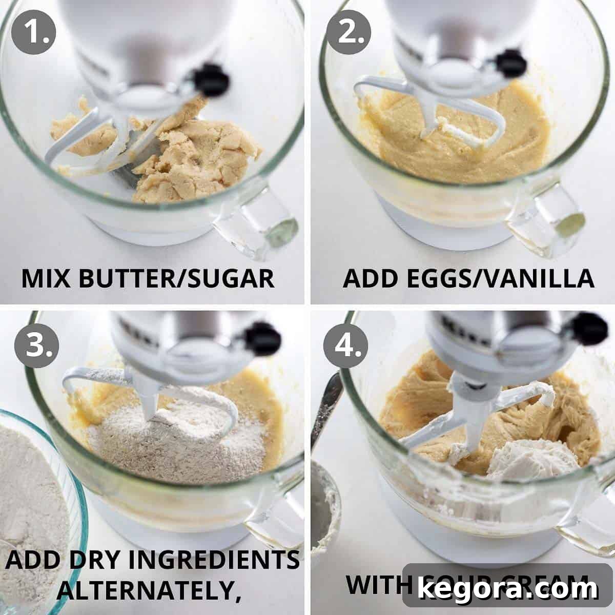 Visual guide demonstrating the process of mixing together the batter for the gluten-free coffee cake, showing ingredients being combined in a stand mixer.