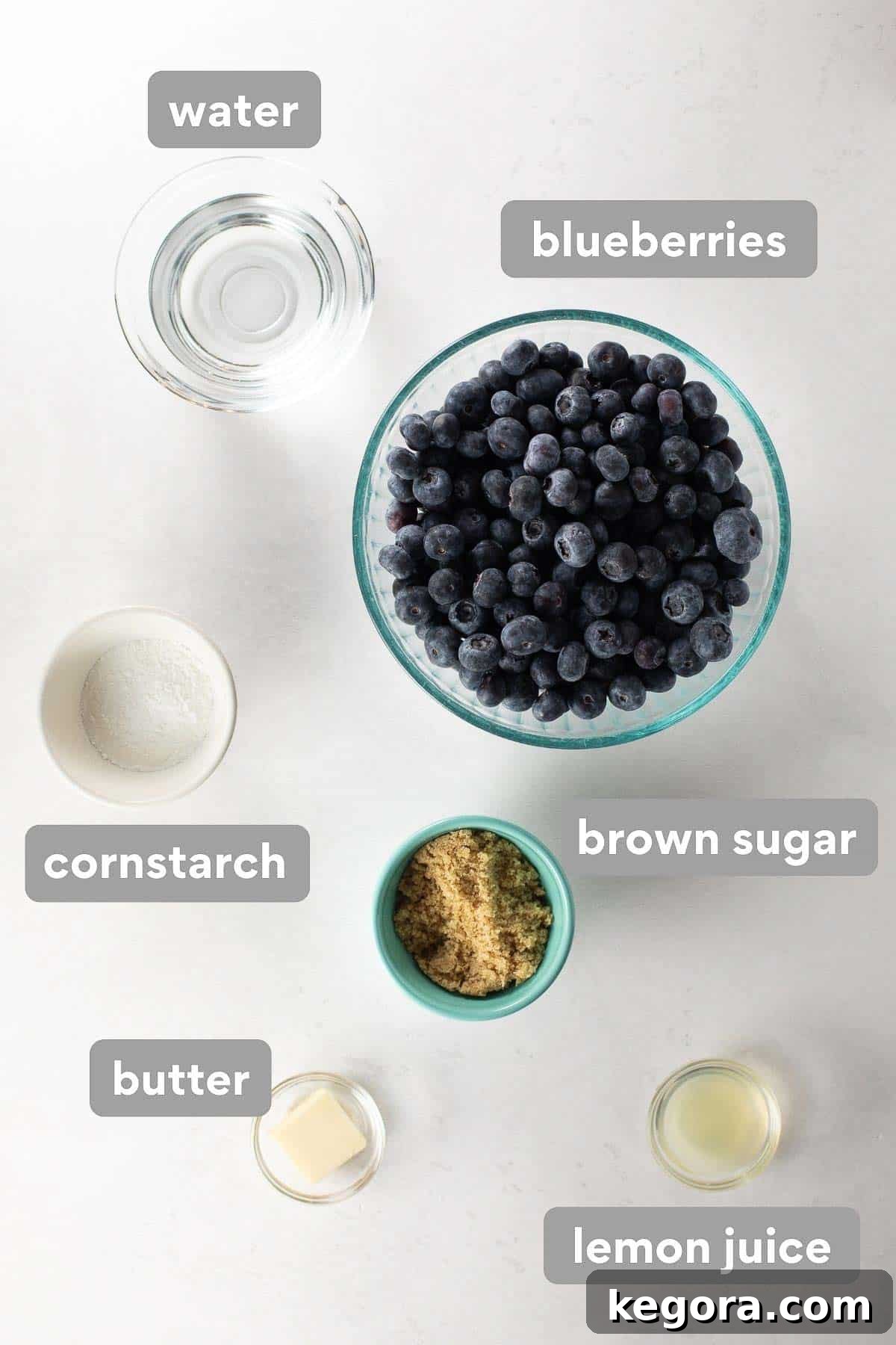 Effortless Gluten-Free Blueberry Bliss 3 A collage of ingredients for the blueberry cobbler filling, including fresh blueberries, cornstarch, butter, and lemon.