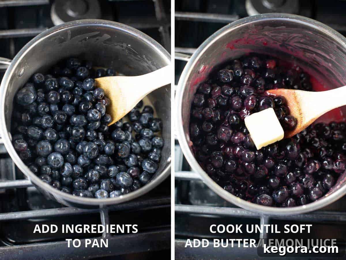 Effortless Gluten-Free Blueberry Bliss 4 A saucepan filled with blueberries, water, brown sugar, cornstarch, and lemon zest, simmering on a stovetop to create the cobbler filling.