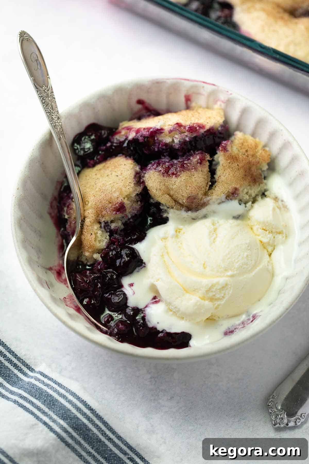 Foolproof Gluten-Free Blueberry Cobbler 7 A freshly baked gluten-free blueberry cobbler in a white baking dish, served with a scoop of vanilla ice cream, ready for enjoyment.