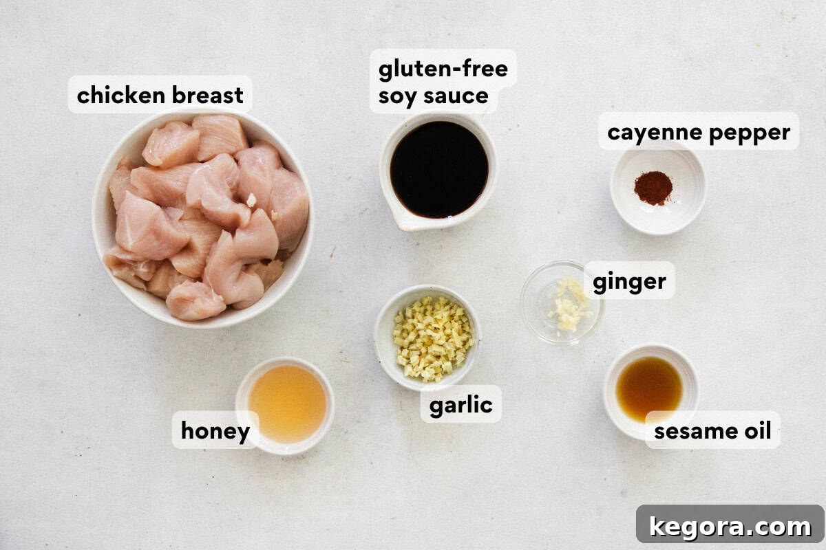 Sticky Honey Sesame Chicken Skewers Gluten and Dairy Free 4 A collage of ingredients for honey sesame chicken skewers including soy sauce, honey, ginger, garlic, and chicken.