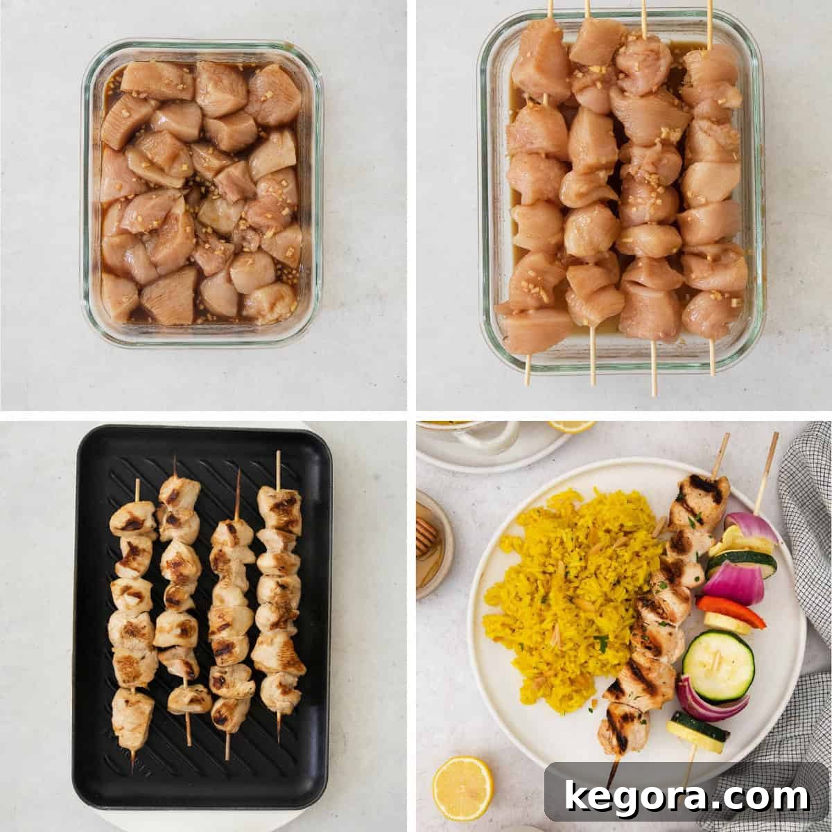 Sticky Honey Sesame Chicken Skewers Gluten and Dairy Free 5 A collage demonstrating the steps to make honey sesame chicken skewers, including mixing marinade, skewering chicken, and grilling.
