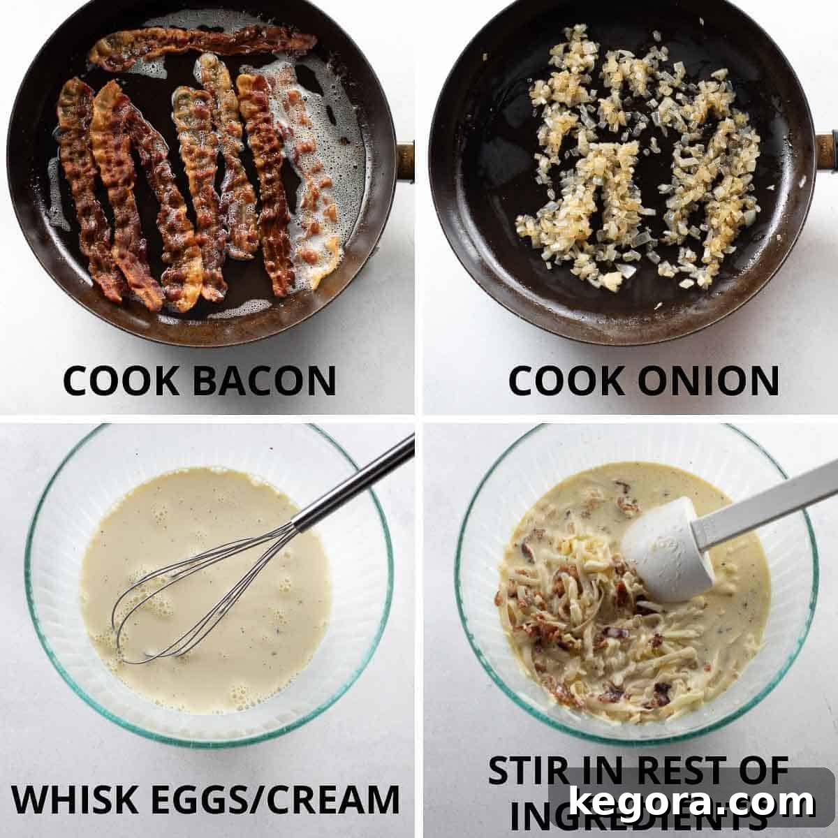 Process shots demonstrating how to prepare the gluten-free quiche filling, from cooking bacon and onions to whisking the egg mixture.