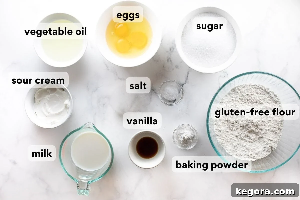 The Ultimate Gluten Free Vanilla Cake 4 A neatly arranged collection of fresh ingredients ready for making a gluten-free vanilla cake.