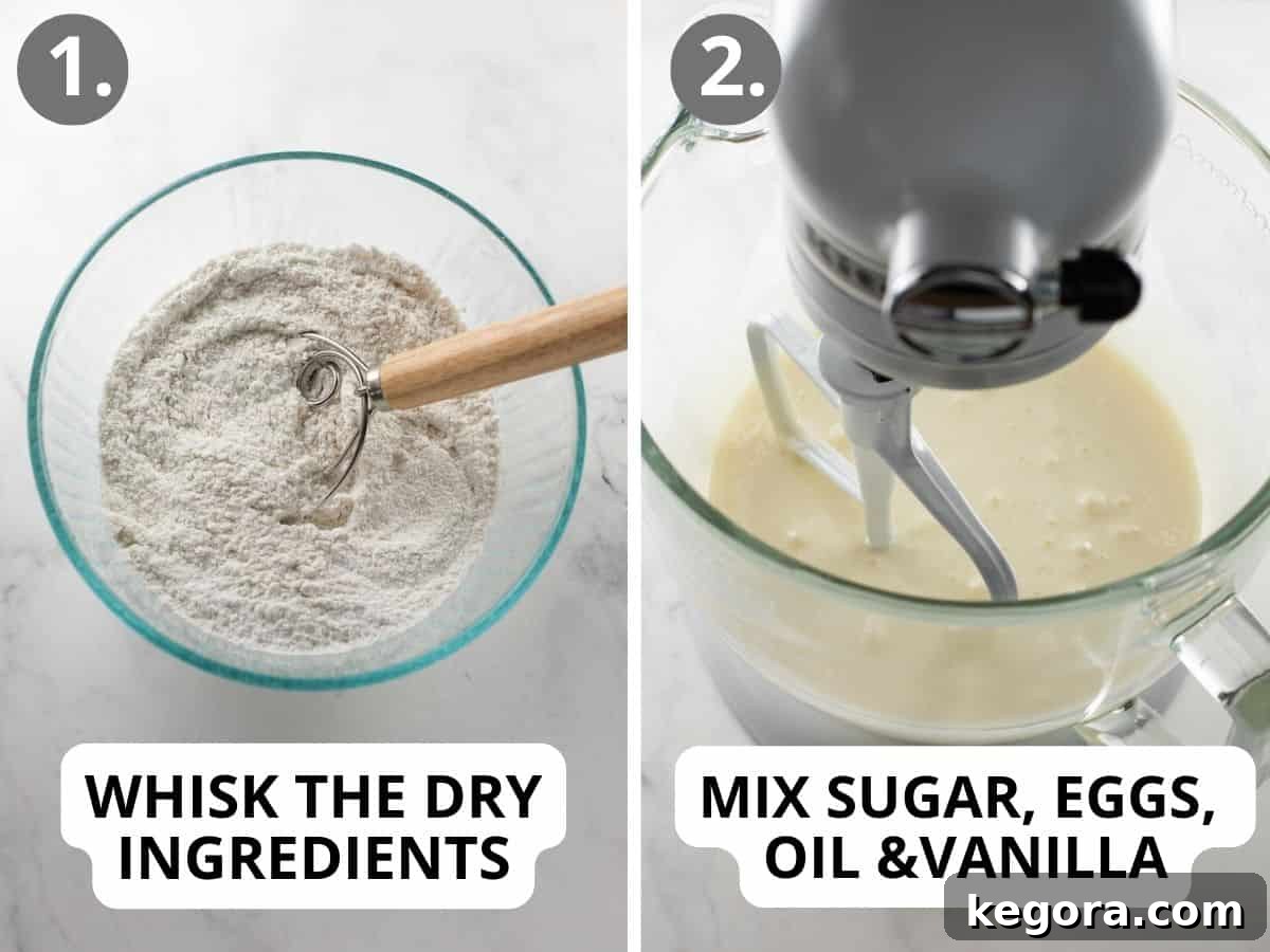 The Ultimate Gluten Free Vanilla Cake 5 Initial steps of mixing wet ingredients for gluten-free vanilla cake in a stand mixer bowl.