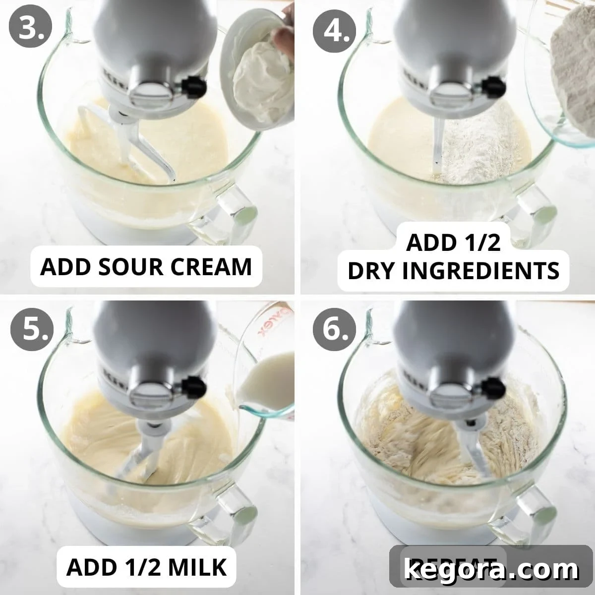 The Ultimate Gluten Free Vanilla Cake 6 Sequential photos demonstrating the process of mixing ingredients for gluten-free vanilla cake batter.