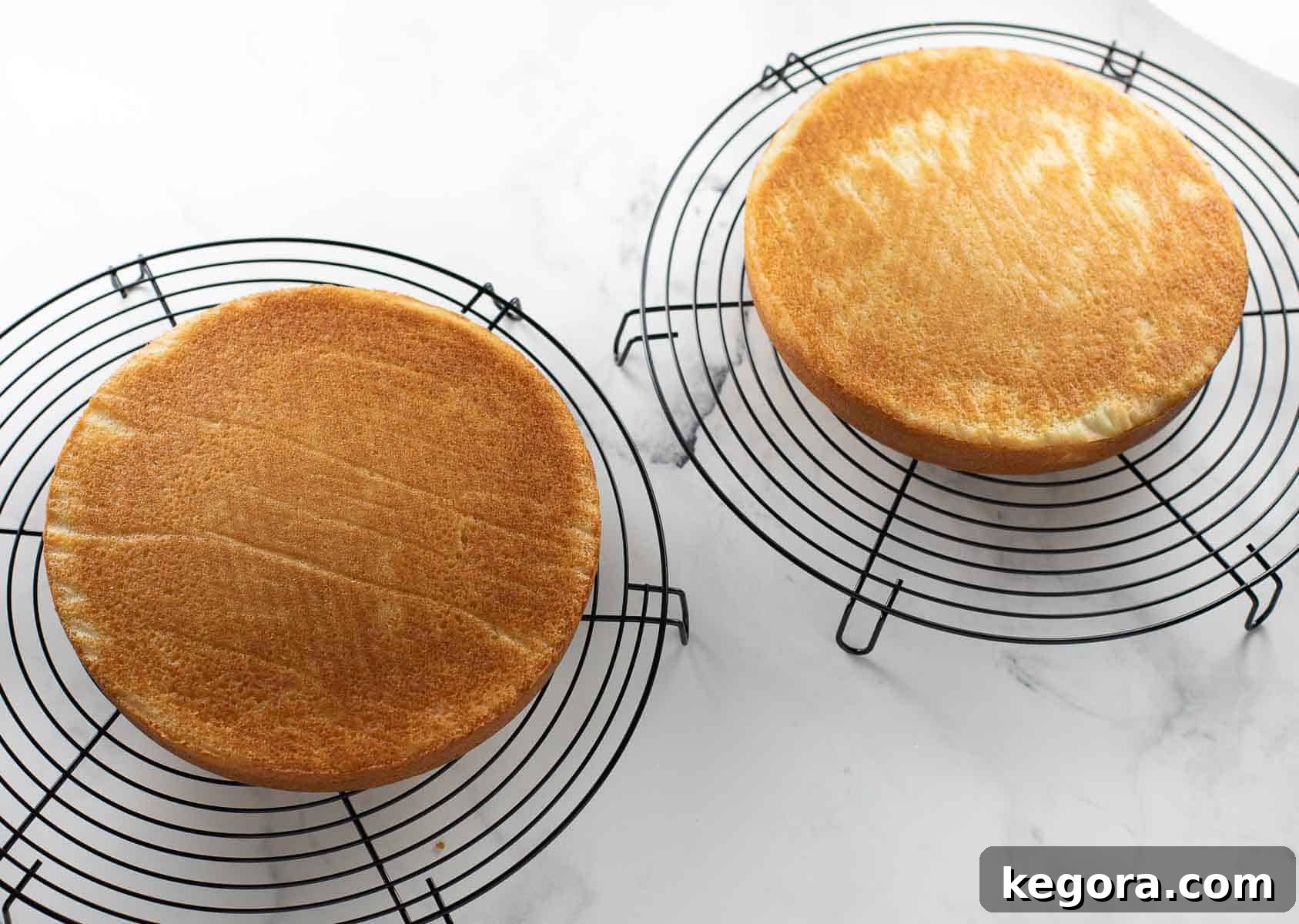 The Ultimate Gluten Free Vanilla Cake 7 Two baked gluten-free cake layers cooling gracefully on black wire racks, ready for frosting.