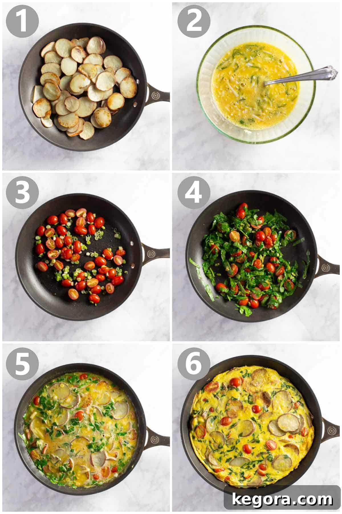 Simple Potato Spinach Frittata Preparation A step-by-step collage showing the process of making a baked egg frittata, from sautéing vegetables to the finished golden-brown dish.
