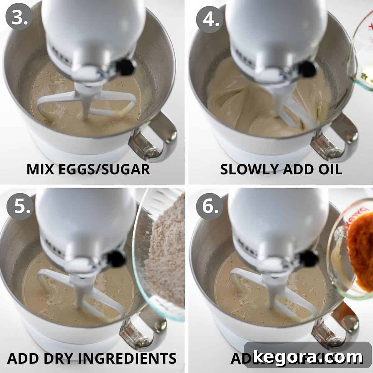 Guilt-Free Autumn Pumpkin Bars 6 Step-by-step photos illustrating the mixing process for gluten-free pumpkin bar batter, showing stages of combining wet and dry ingredients.