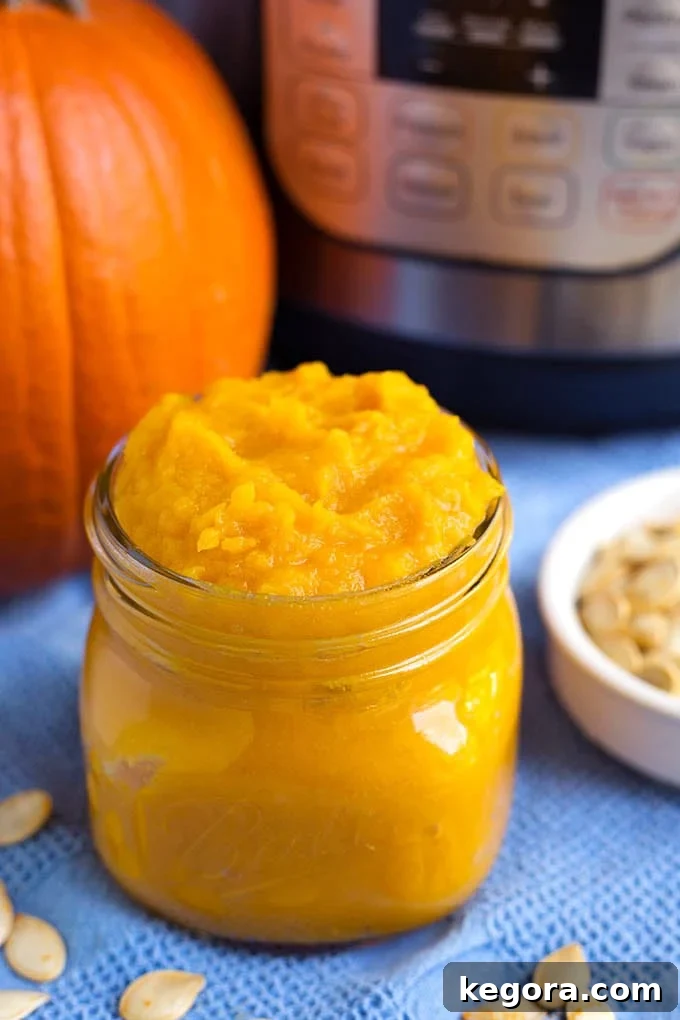 small glass canning jar of pumpkin puree with pumpkin and pressure cooker in background