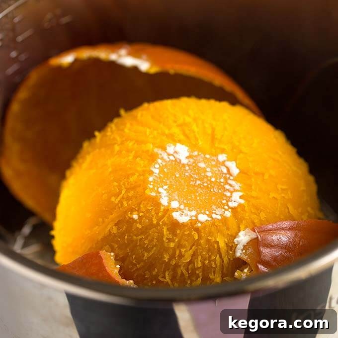 Homemade Pumpkin Puree Your Way Instant Pot Oven or Slow Cooker 5 Cooked round pumpkin in pressure cooker