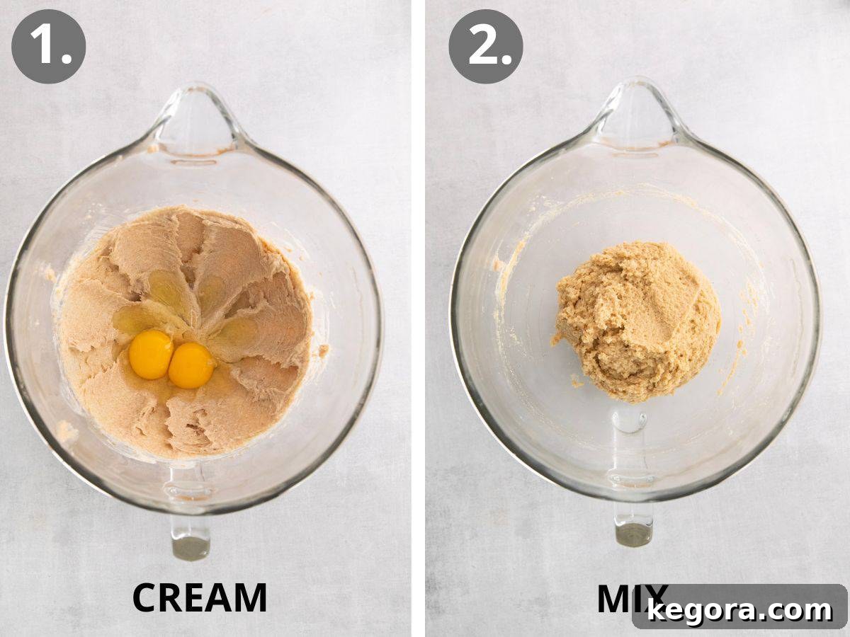 Step-by-step images showing the initial stages of making almond flour oatmeal cookies: first, creaming wet ingredients and brown sugar in a bowl, followed by mixing in the dry ingredients.