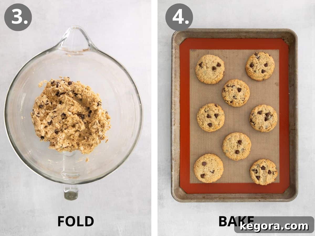 Step-by-step images illustrating the final stages of making almond flour oatmeal cookies: first, gently folding in oats and optional mix-ins, then placing scooped dough balls on a baking sheet to bake until golden brown.