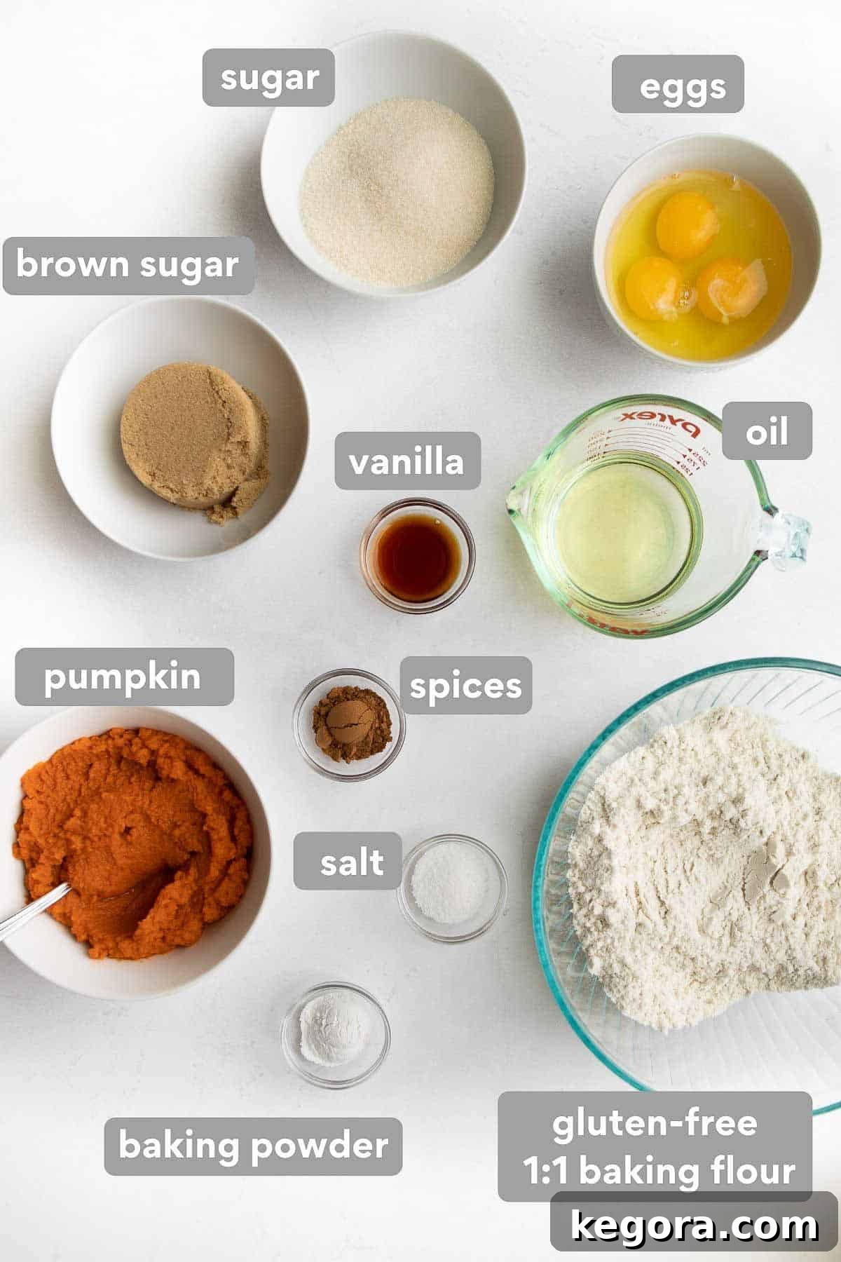 Overhead shot of all the ingredients to make gluten-free pumpkin donuts laid out on a table, including flour, spices, pumpkin puree, eggs, and sugars.