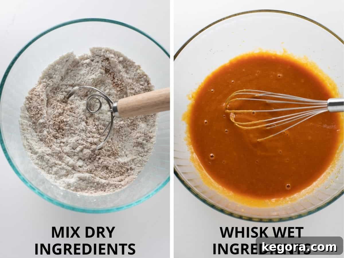 Two glass bowls, one with dry ingredients and one with wet ingredients, being mixed separately for gluten-free pumpkin donuts.