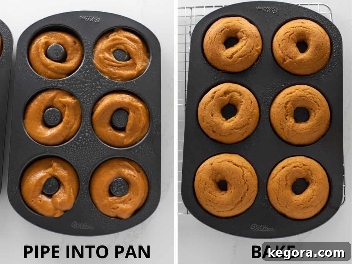 Donut batter neatly piped into a donut pan, ready for baking, next to a photo of baked donuts still in the pan.