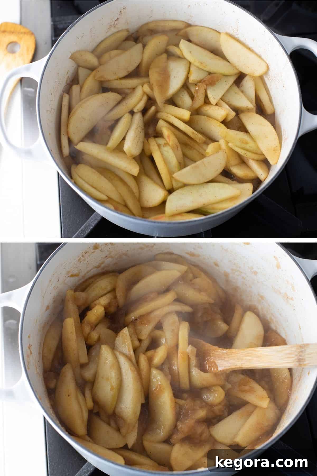 Apple pie filling cooking in a pot, with sliced apples and spices simmering.