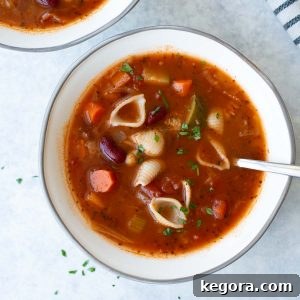 Hearty Gluten-Free Minestrone 4 overhead shot of soup in white and gray bowl