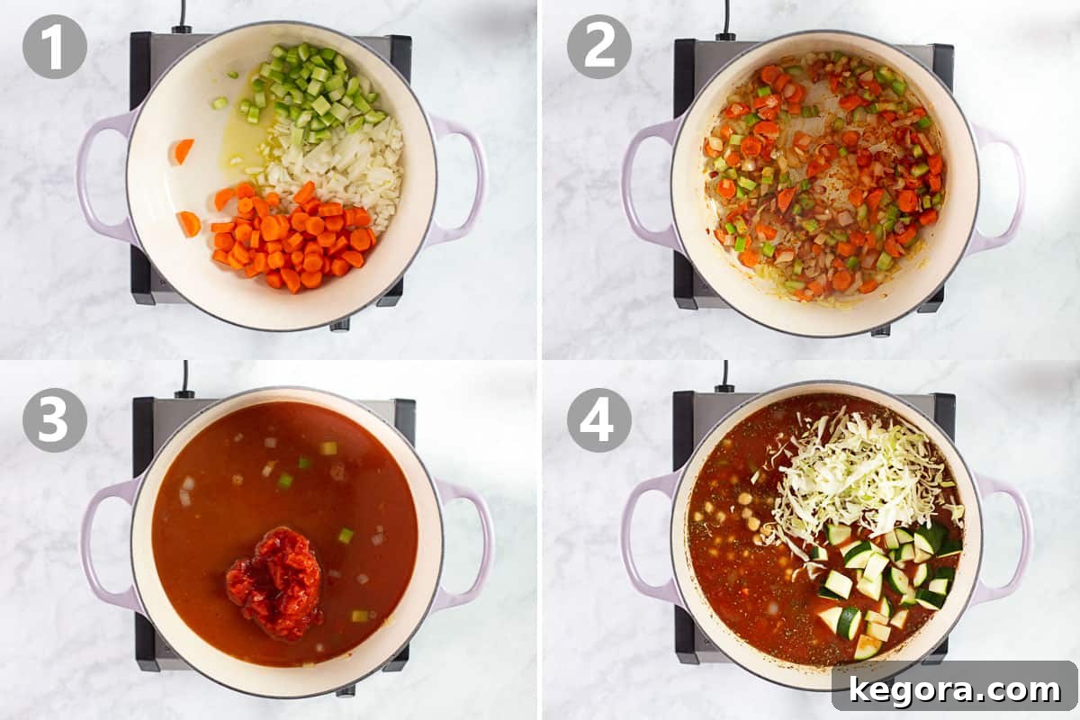 Authentic Italian Minestrone Soup step by step photos for how to make minestrone soup, showing vegetables simmering