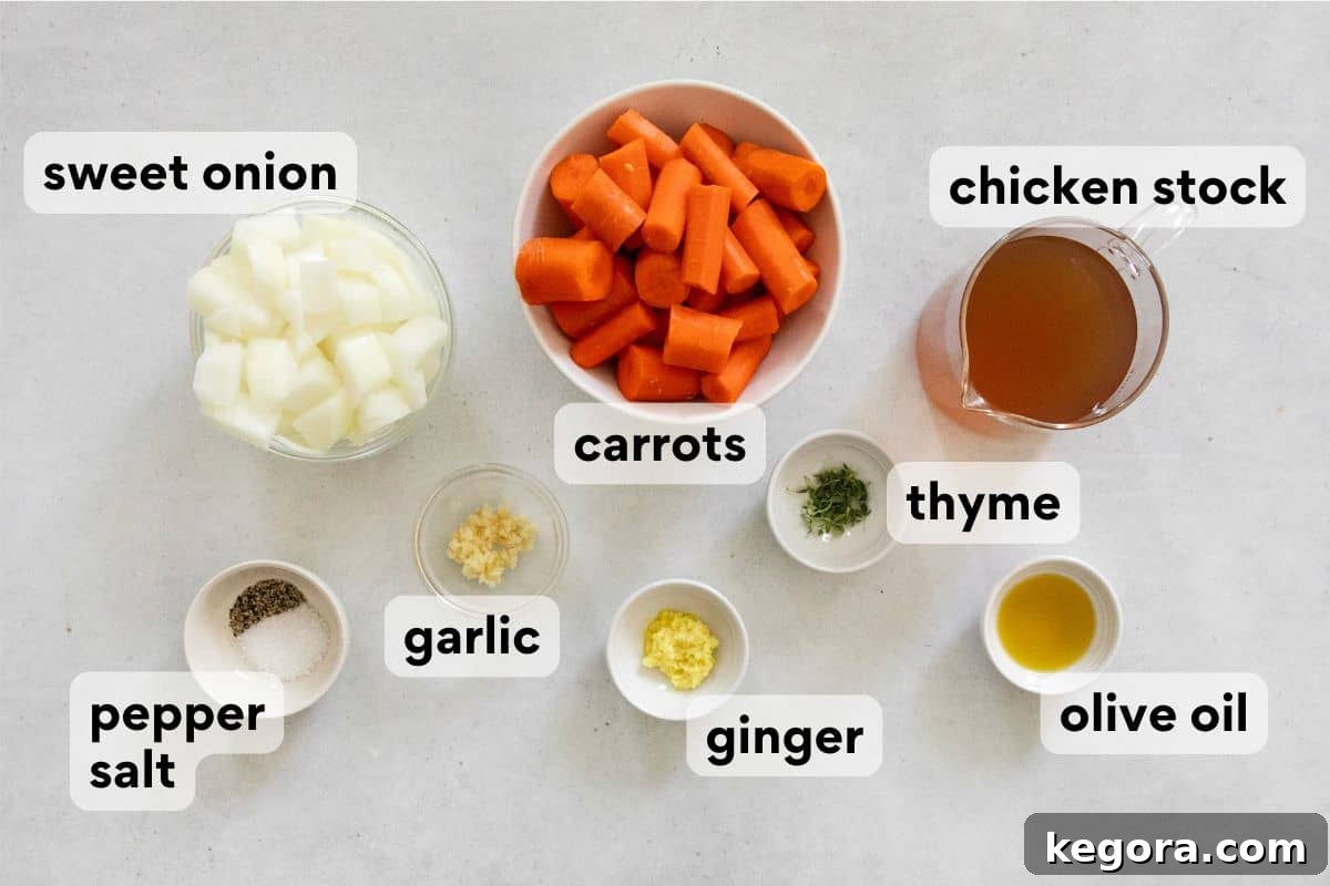 Measured and labeled ingredients for carrot ginger soup including carrots, ginger, onion, garlic, and thyme.