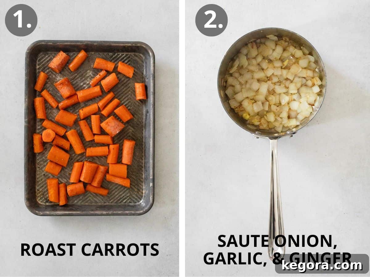 Steps 1 and 2 for carrot ginger soup: roasting carrots and sautéing onion, garlic, and ginger.