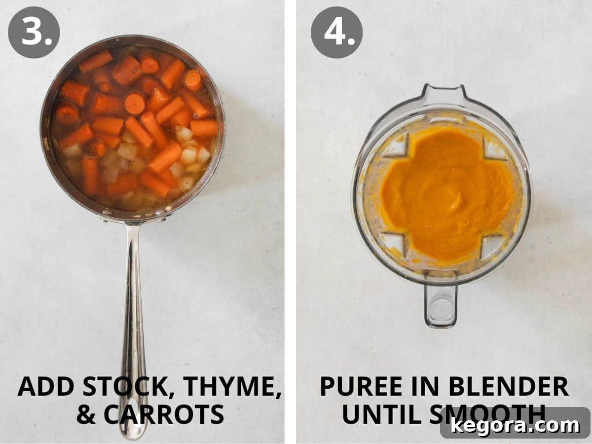 Steps 3 and 4 for carrot ginger soup: cooking with stock and pureeing until smooth.