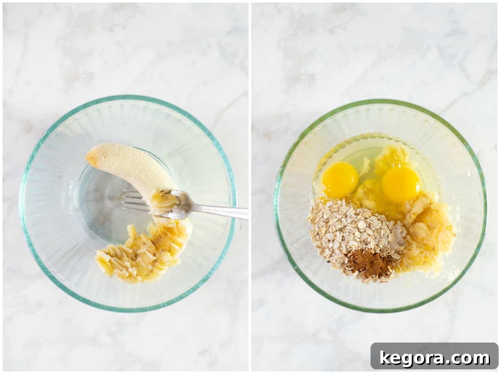 Close-up shot of a banana being mashed in a bowl with a fork, showing the initial stage of making pancake batter.