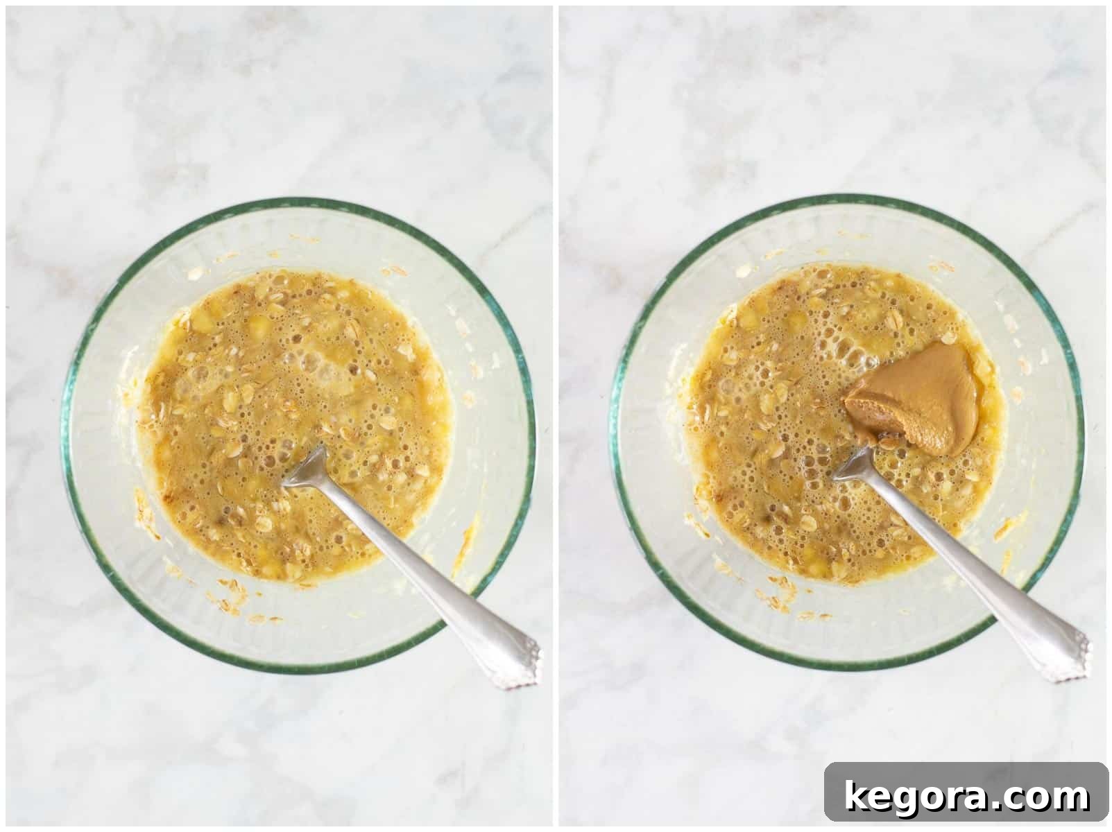 A spoon stirring peanut butter into a banana pancake batter, creating a delicious swirl effect.