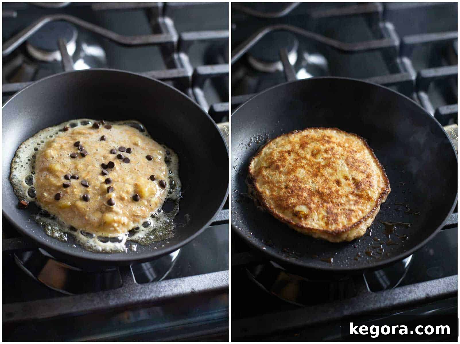 Three banana oat pancakes cooking in a nonstick pan, showing bubbles forming on the surface.