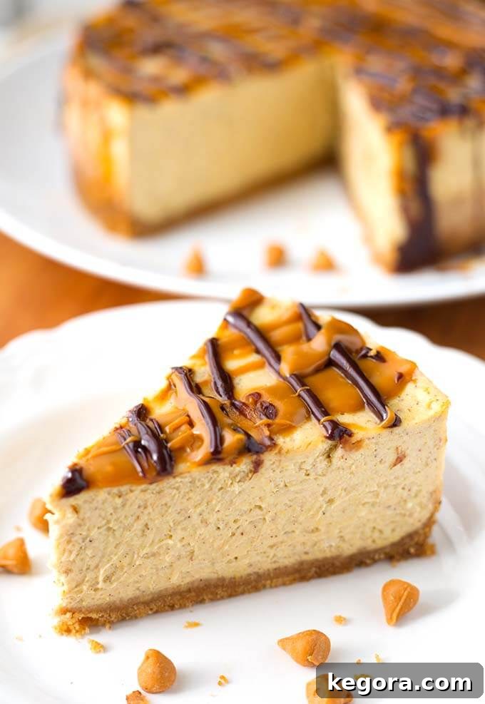 Decadent Instant Pot Pumpkin Cheesecake 4 Slice of Pumpkin Cheesecake on white plate with cheesecake in background