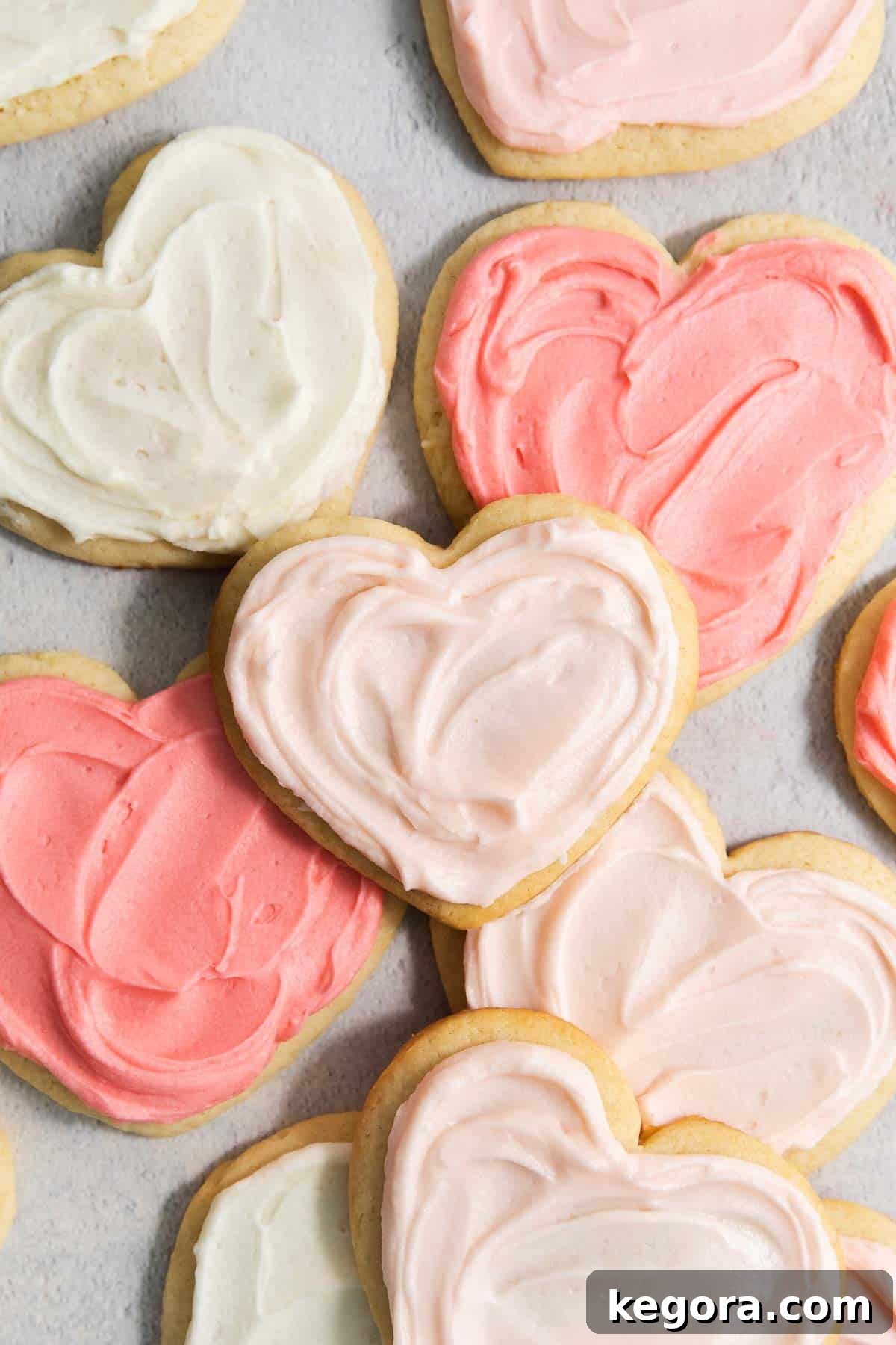 Perfect Gluten-Free Sugar Cookies 2 overhead shot of frosted pink heart sugar gluten-free sugar cookies