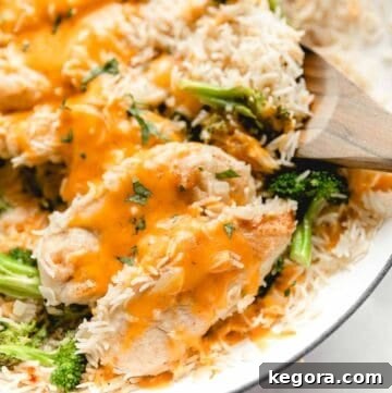 Close-up shot of a serving of gluten-free chicken and broccoli cheddar rice in a white dish, garnished with fresh parsley.