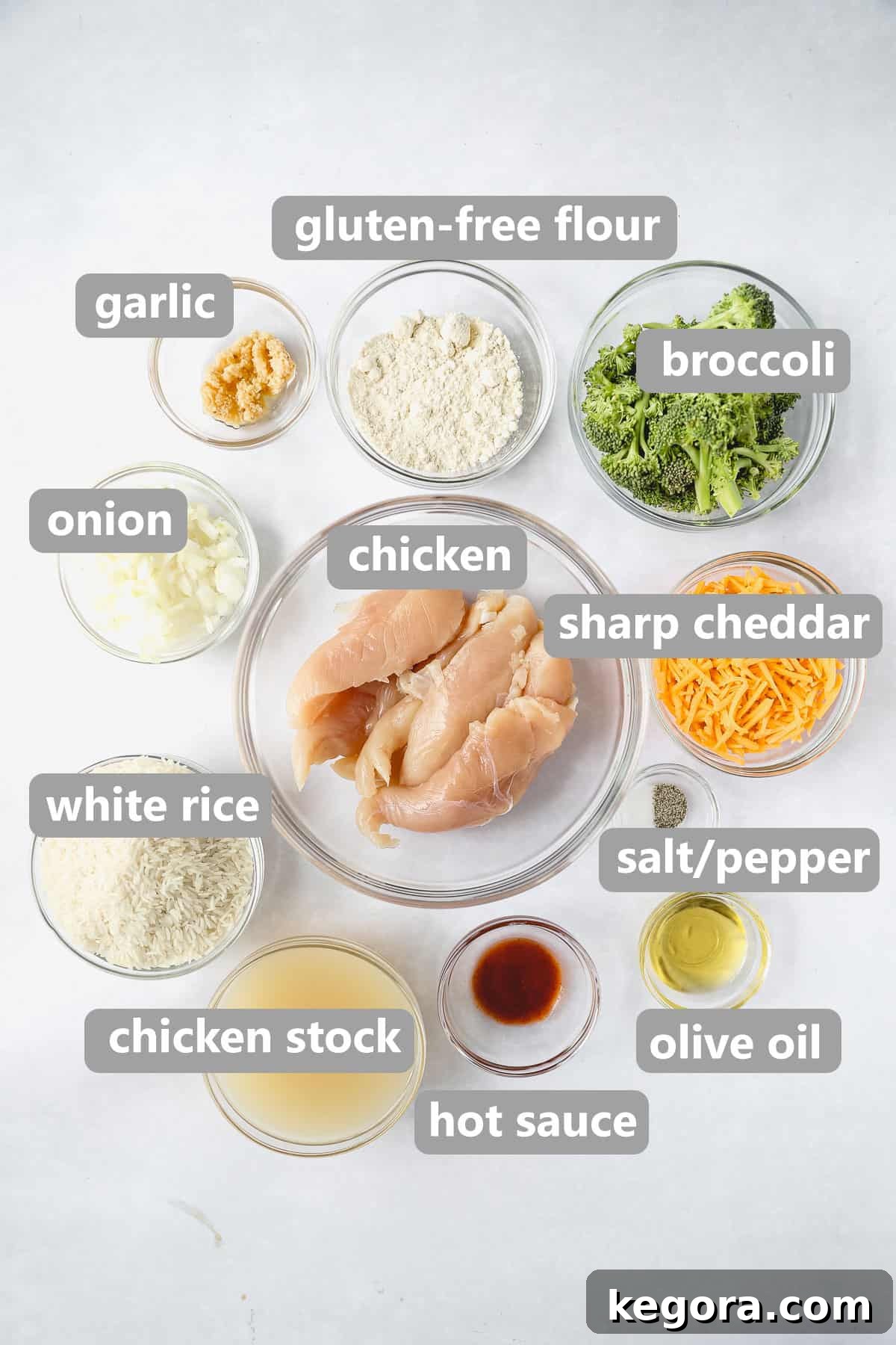 Collage showing all fresh ingredients laid out for making the gluten-free chicken and rice dish, including chicken tenders, broccoli, cheese, and aromatics.