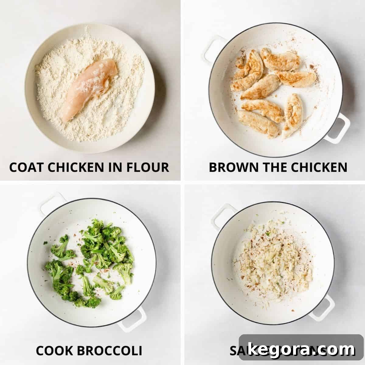Step-by-step imagery showing how to dredge and brown the gluten-free chicken tenders and lightly cook the vegetables in a skillet.