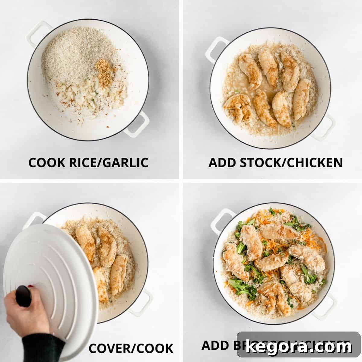 Collection of step-by-step photos illustrating the process of combining chicken, rice, and broth and allowing it to simmer for the gluten-free recipe.