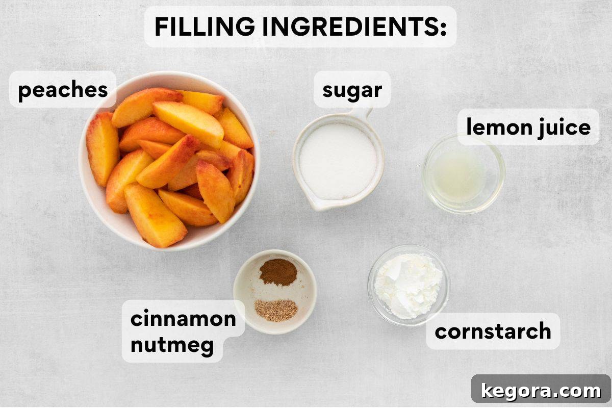 Peach crisp filling ingredients including fresh peaches, cornstarch, lemon juice, granulated sugar, ground cinnamon, and ground nutmeg, arranged.