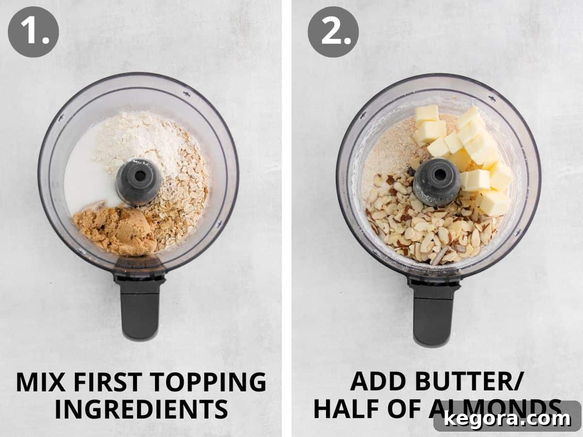Two step-by-step photos showing ingredients for peach crisp topping being mixed in a food processor.